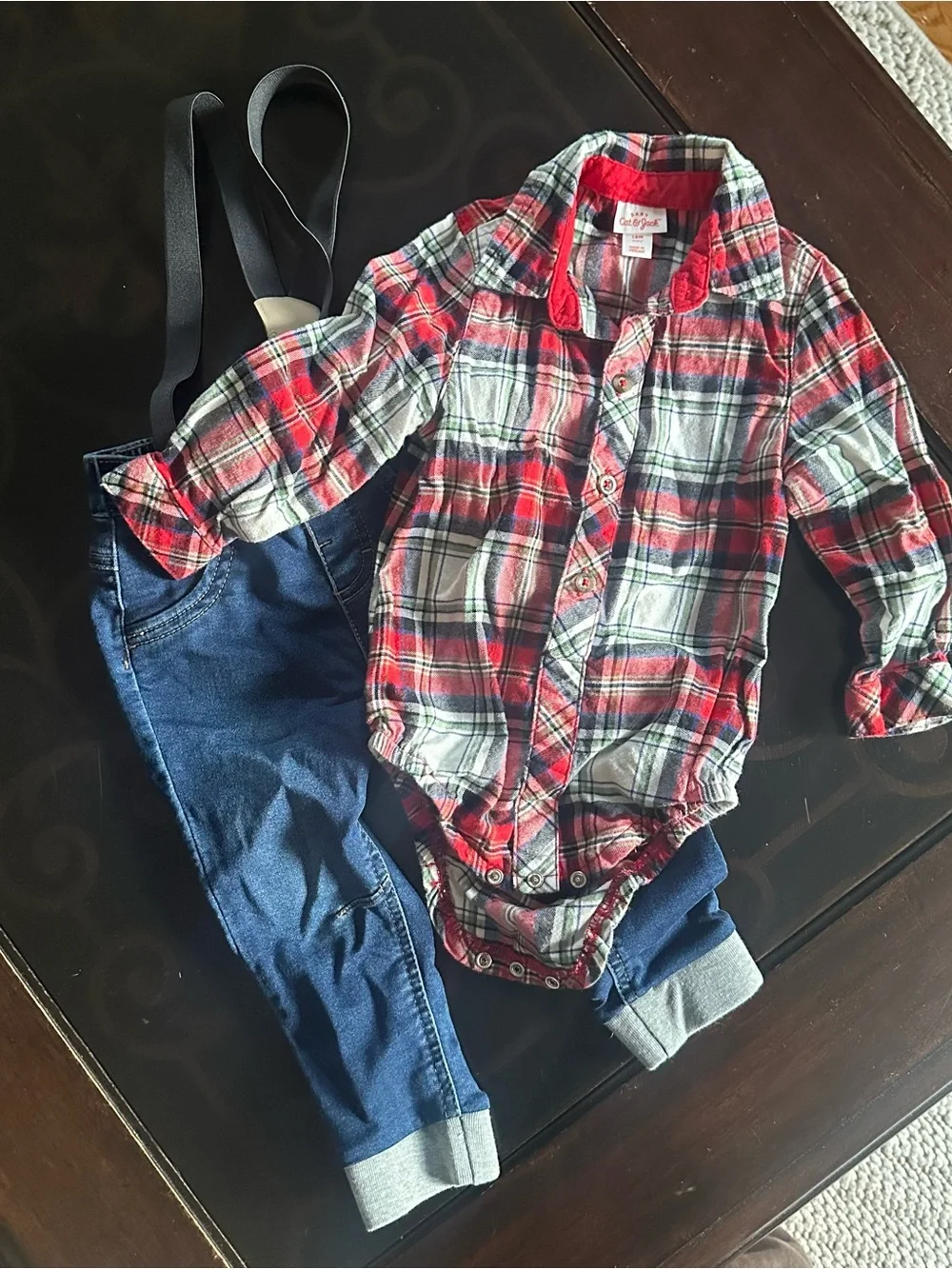 Cat and Jack Baby Red Plaid Shirt & Blue Denim Suspender Pants Set, 18 Months